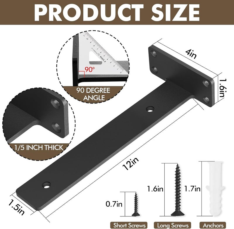 MIUGO Heavy Duty Shelf Bracket 4 Pack, Floating Shelf Brackets 12 inch Long, Brackets for Shelves, Black Coated Metal Wall Shelf Support Brackets（1/5"-Thick） - Image 3